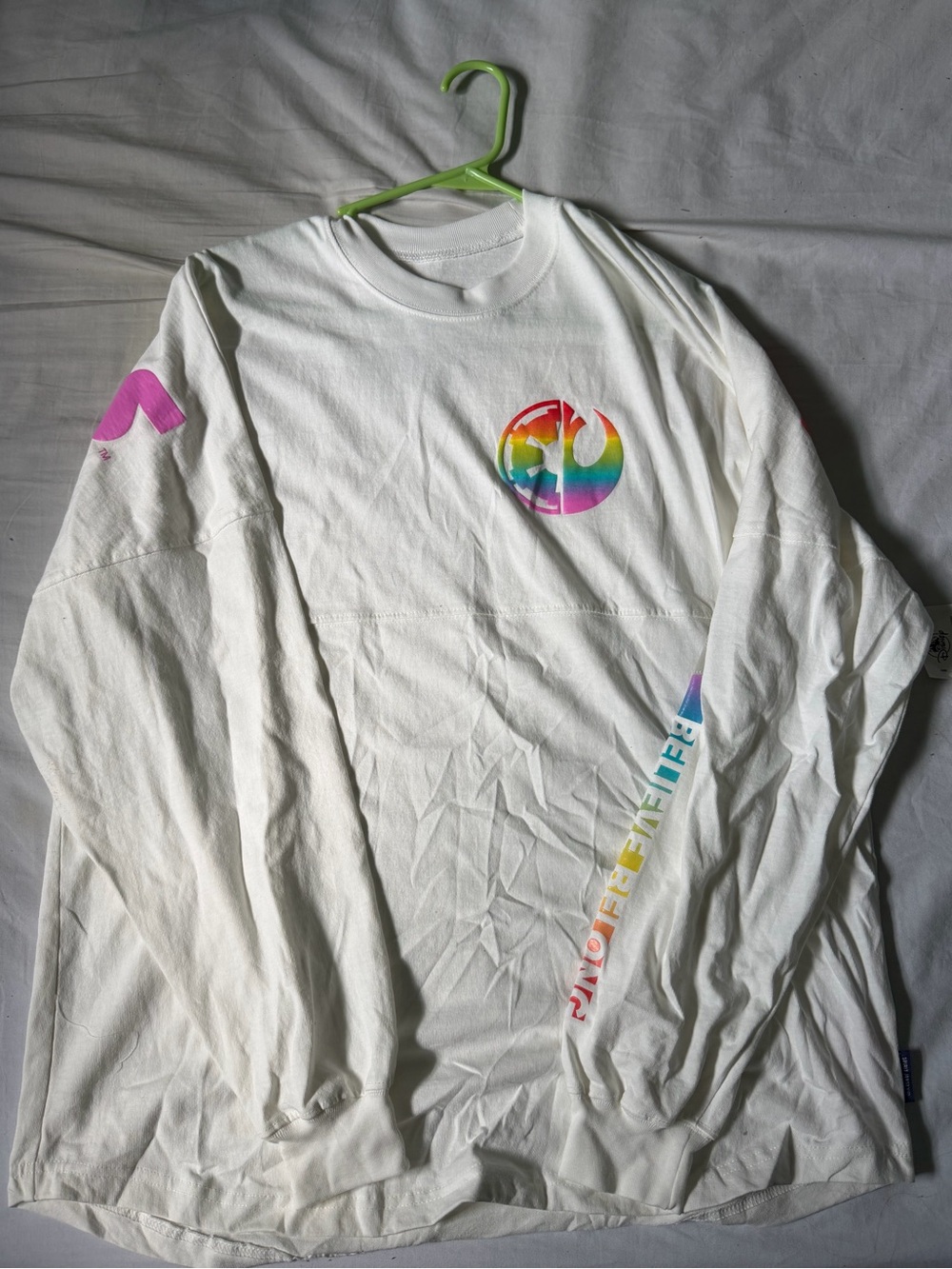Disney White Long-Sleeve Tee with Rainbow Rebel Alliance Emblem